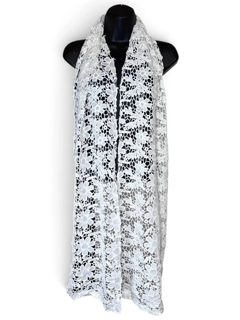 White Floral Crochet Knit Scarf/Sarong/Belt Customizable Styling Cotton Blend